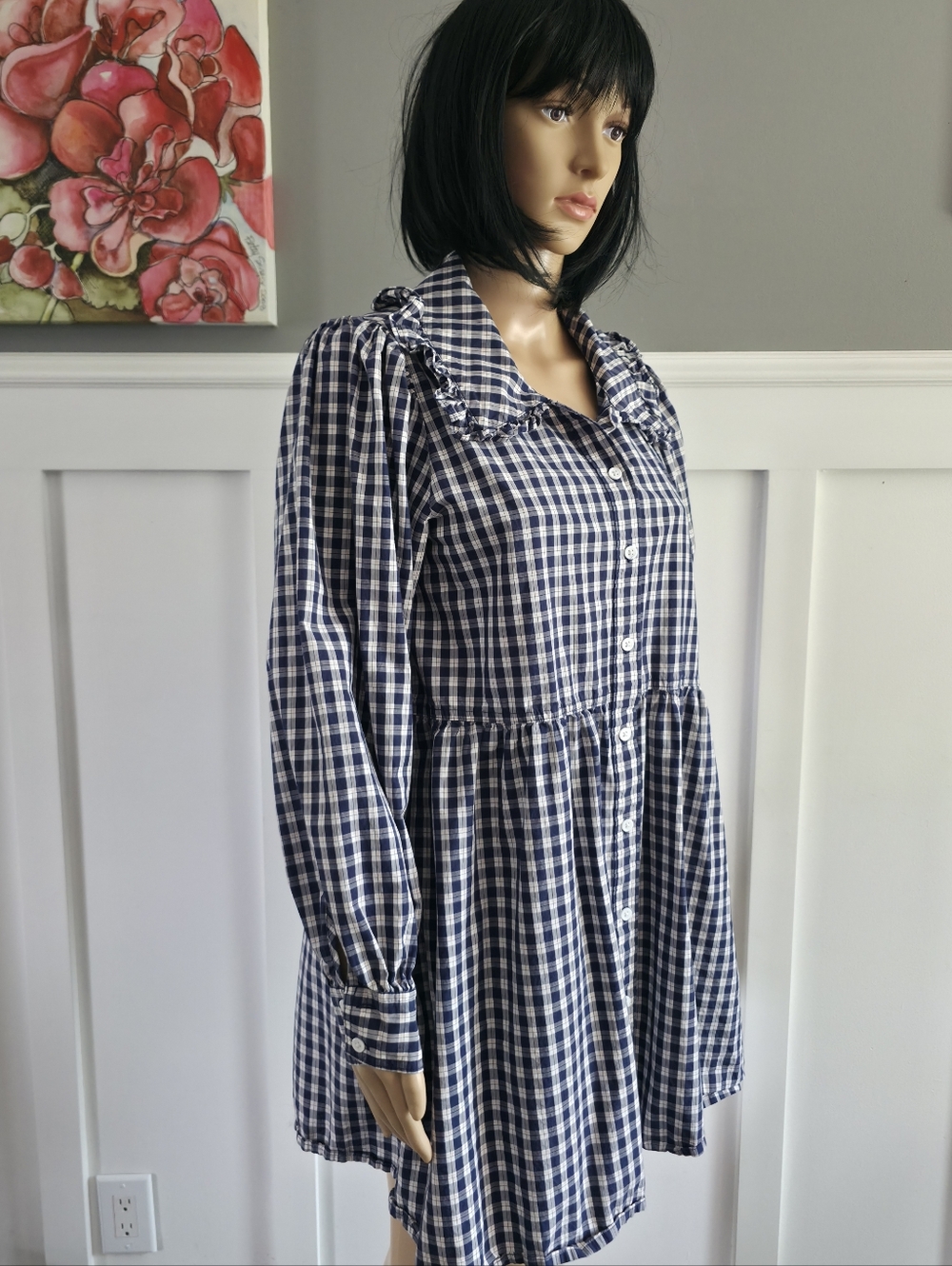 Levi’s Gingham Mira Dress | Ruffle Collar | Navy & White | Cottagecore | Size M - Picture 5 of 16
